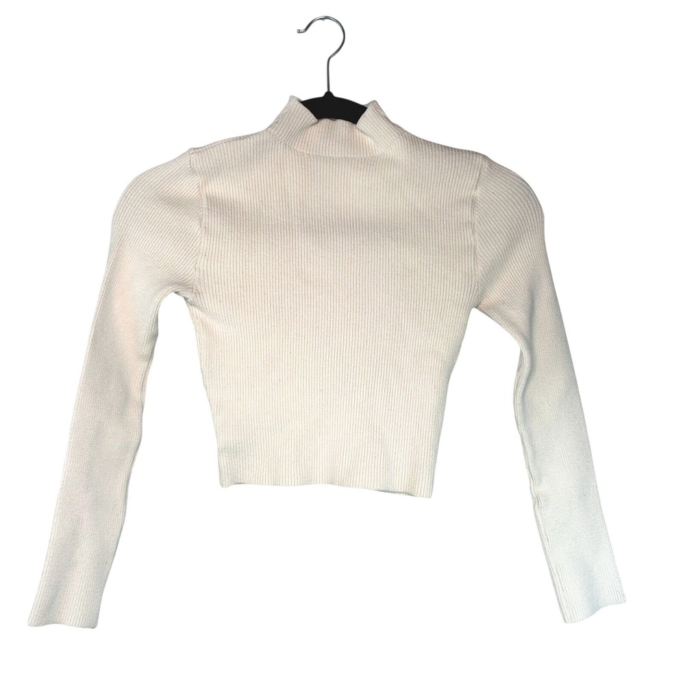 Farm Rio Cream Ribbed Mock Neck Long Sleeve Crop Top Size Medium Minimalist